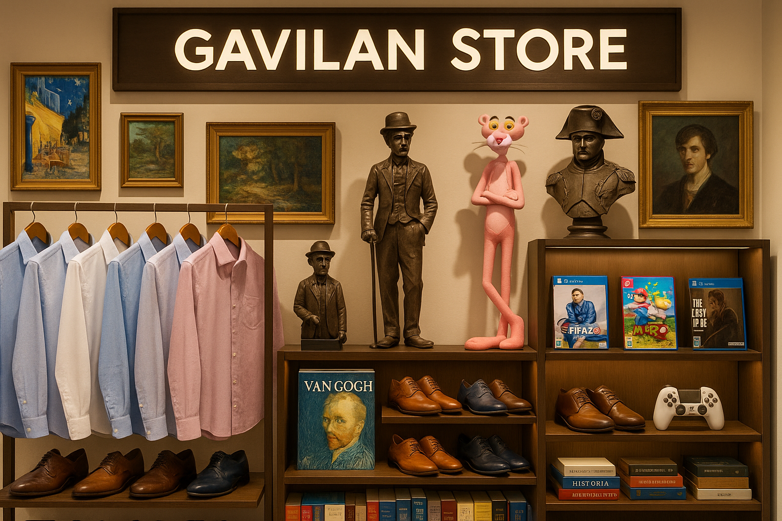 tienda Gavilan Store . Venta de camisas , zapatos, libros, escultura de charles chaplin, Figura de la pantera rosa, video juegos, escultura de napoleon ,cuadros,  libro de van gogh .